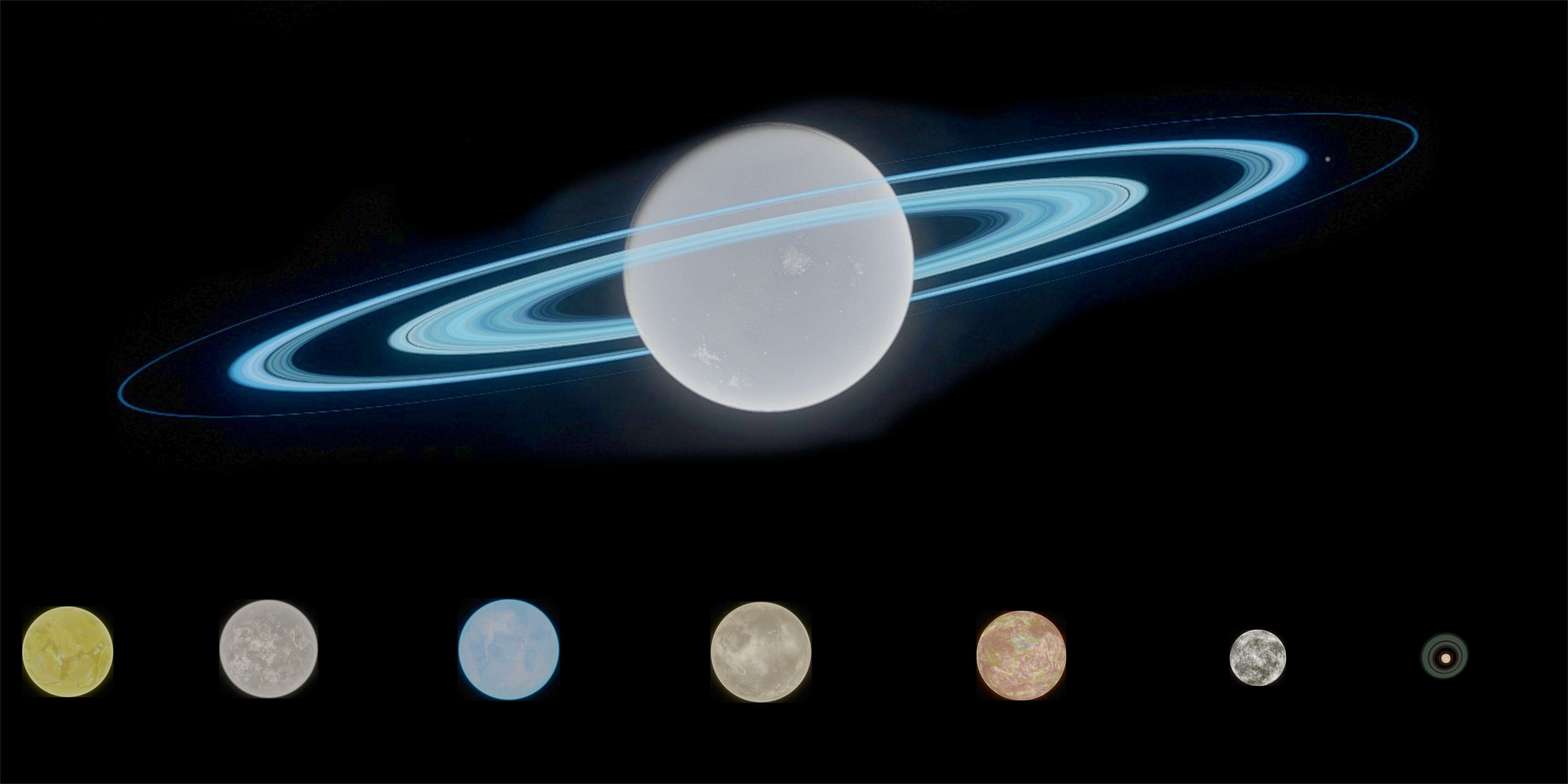 Major moons of Lizard-795-Y rendered to relative scale.